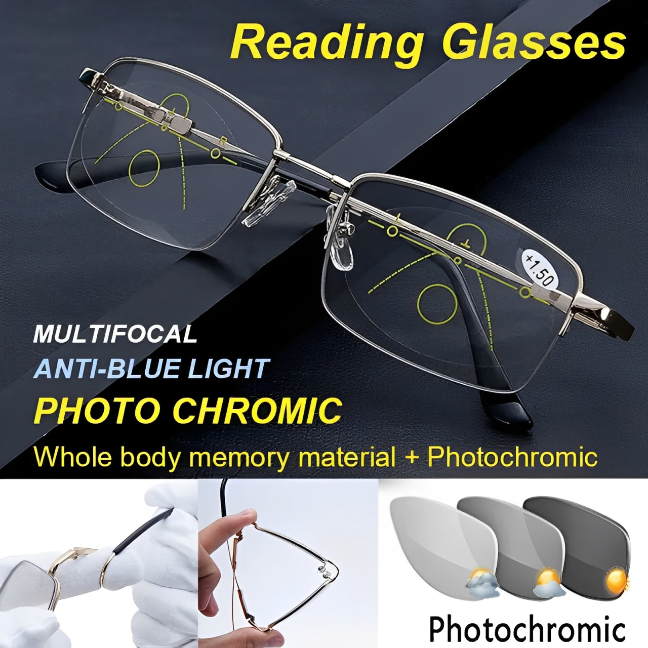 OptiLux™ 4-in-1 Photochromic Progressive Reading Glasses | Buy 1 Get 1 Free