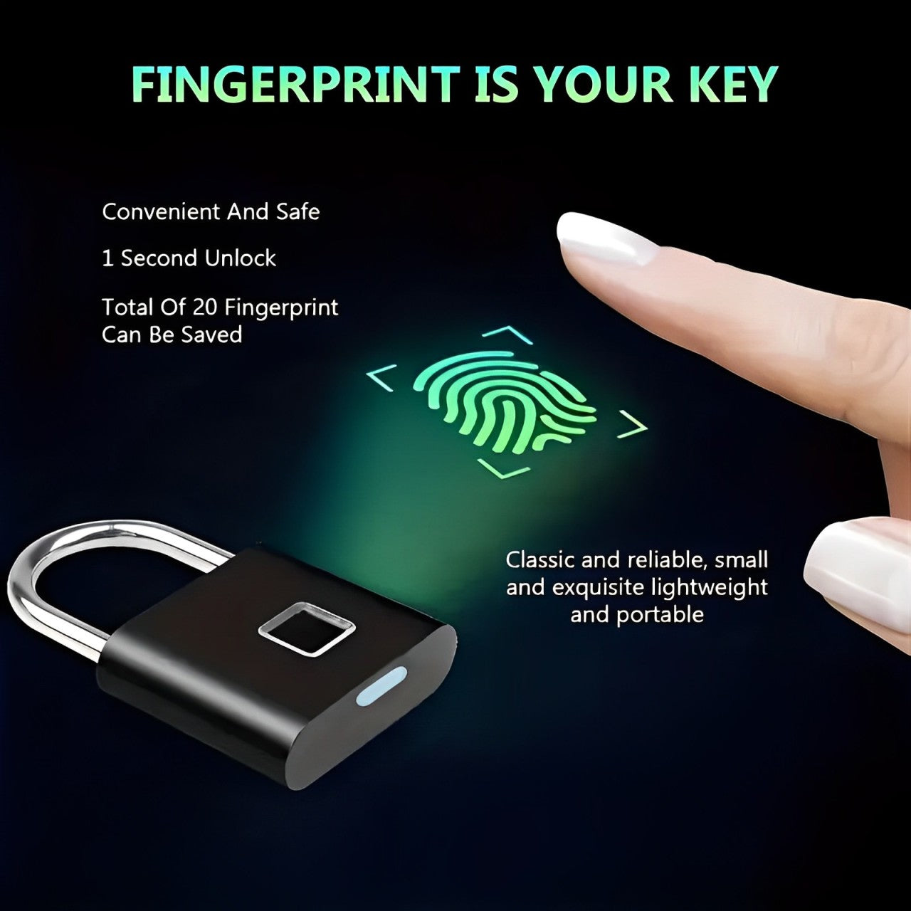 Digital Fingerprint Padlock - Black | Keyless & Waterproof Luggage Lock