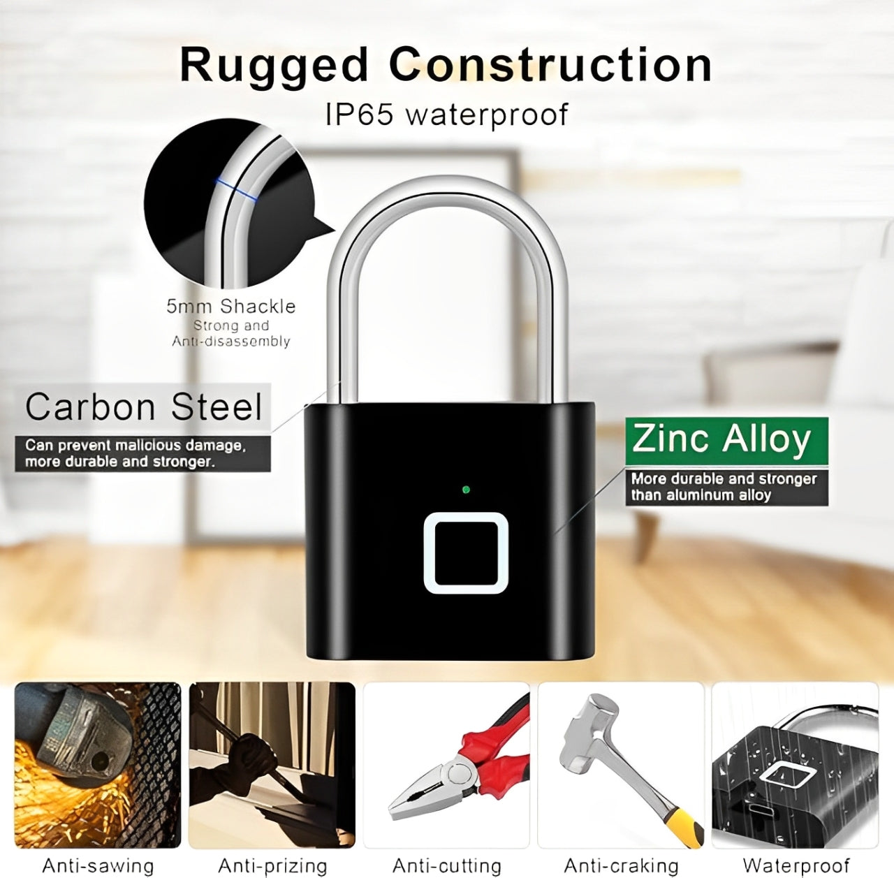 Digital Fingerprint Padlock - Black | Keyless & Waterproof Luggage Lock